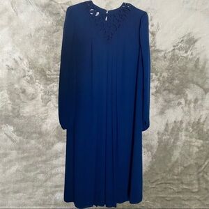 Vintage Rich Lady Royal Blue Pleated Sheer Long Sleeve Dress XL Neck Detail